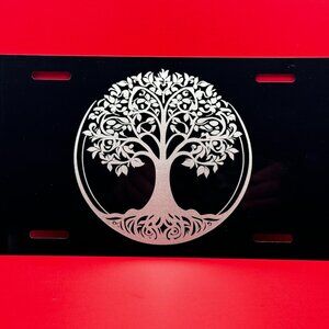 Black Laser engraved tree of life license plate